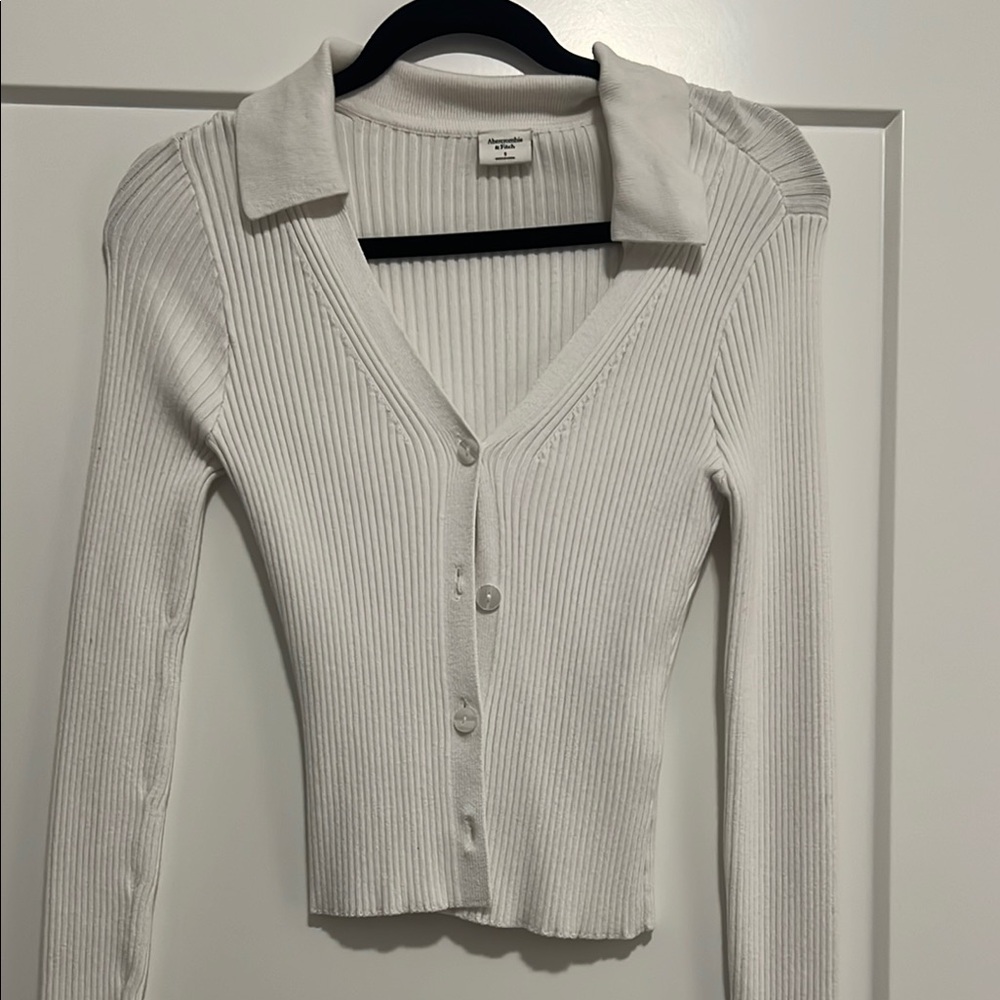 White Ribbed Button-Up Sweater